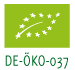 Grünes DE-ÖKO-037 Bio-Siegel mit Blättern auf weißem Hintergrund