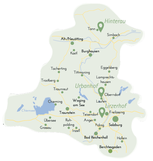 Karte mit Städten und Ortschaften in der Region rund um Salzburg, inklusive Chiemsee, Berchtesgaden und Bad Reichenhall