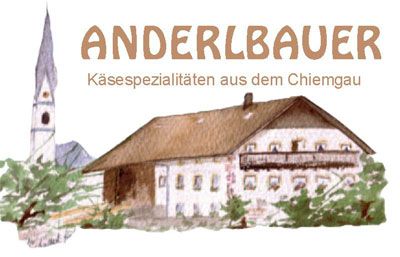 Aquarell eines traditionellen Hauses mit Kirchturm, Logo von Anderlbauer Käse aus dem Chiemgau