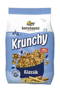Packung Barnhouse Krunchy Klassik Müsli mit Hafer und Zimt in blau-weißer Tüte