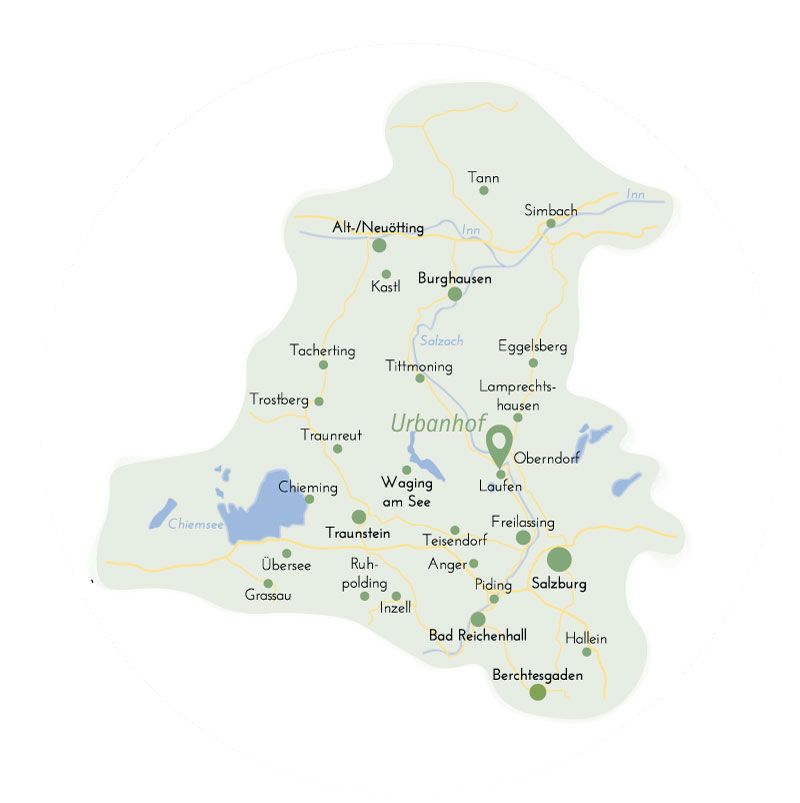 Karte zeigt Städte und Orte in Bayern und Salzburg mit Seen und Flüssen, Urbanhof ist markiert