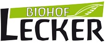 Logo von Biohof Lecker mit grünem Banner und weißem Blatt