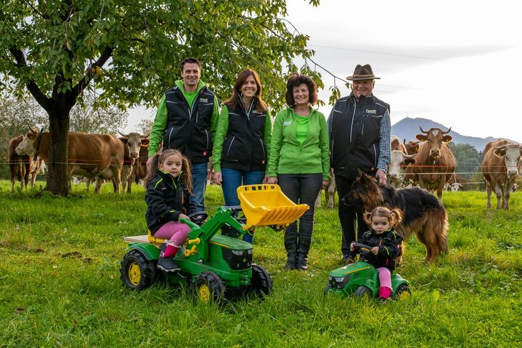 Familie mit zwei Kindern auf Spielzeugtraktoren, Hund und Kühe auf grüner Weide bei Bergkulisse