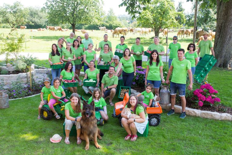 Große Gruppe von Menschen in grünen T-Shirts mit frischem Gemüse im Garten vor Weide mit Kühen