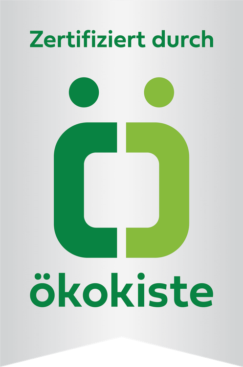 Zertifiziert durch Ökokiste mit grünem Logo auf grauem Hintergrund