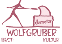 Logo mit stilisierter Figur, Brotlaib und Schriftzug Wolfgruber Brot-Kultur Demeter